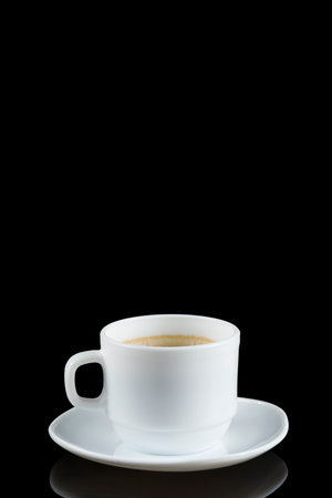 A cup of coffee on a black background. place for text cope spaceの写真素材