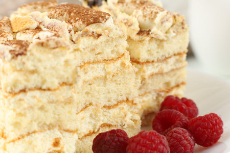 Classic tiramisu dessert with raspberriesの写真素材
