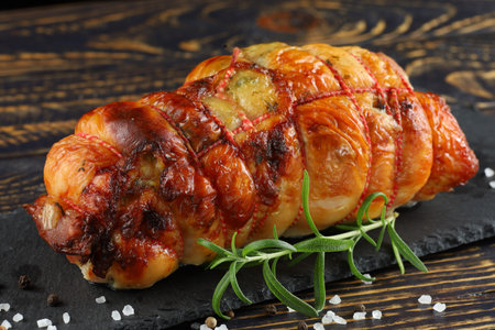 boneless meat roulade on the table. Delicious food in the restaurant.の写真素材