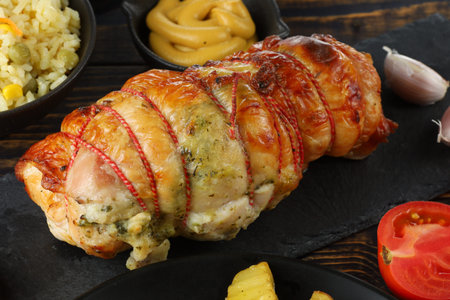 boneless meat roulade with seasonings and garnish. country style food.の写真素材