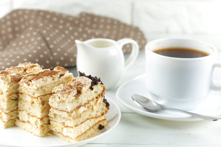 Tiramisu, coffee with milk. Sweet delicious food. Classic tiramisu dessert with cup of coffee and milkの写真素材