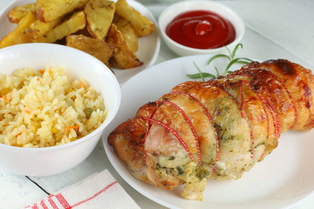 boneless meat roulade with seasonings and garnish.の写真素材