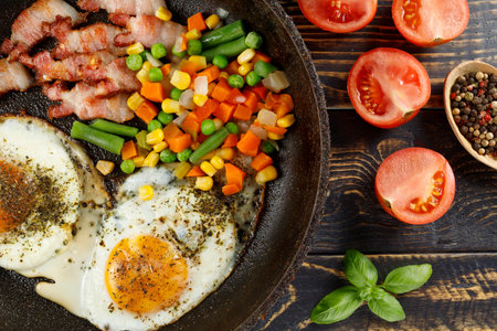 Fried eggs with vegetables in a pan.の写真素材