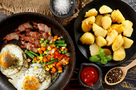 Fried eggs with vegetables, fried bacon and potatoes. Hearty food and a delicious lunch.の写真素材