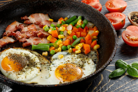 Fried eggs with vegetables in a pan.の写真素材