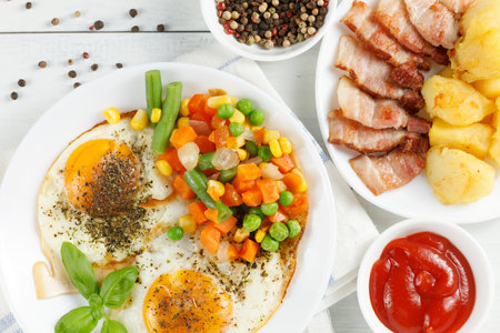 Fried eggs with vegetables, fried bacon and potatoes. Hearty food and a delicious lunch.の写真素材