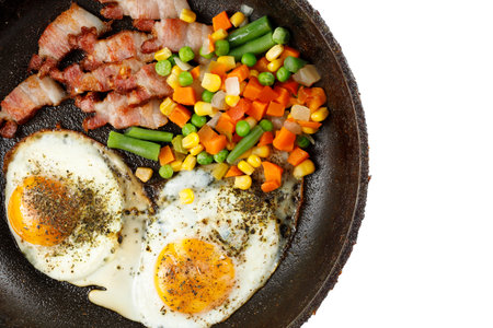 Fried eggs with vegetables in a pan isolate. place for text cope spaceの写真素材