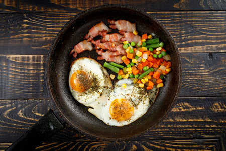 Fried eggs with vegetables in a pan.の写真素材