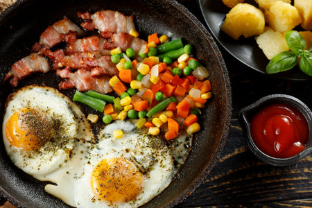 Fried eggs with vegetables in a pan.の写真素材