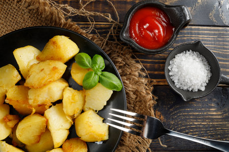 Fried potatoes close-up. Tasty and simple food. Traditional lunch.の写真素材