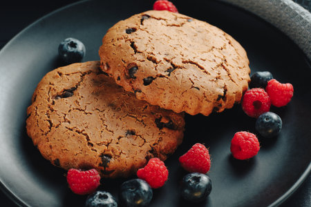 Oatmeal cookies with berries on darkの写真素材