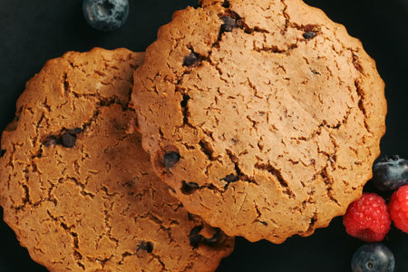 Oatmeal cookies with berries on darkの写真素材