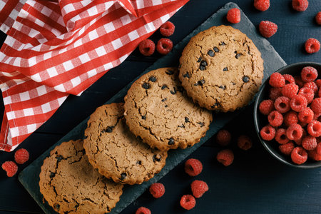 Oatmeal cookies with chocolate and berries. Homemade cookies with berriesの写真素材