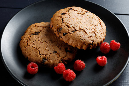 Oatmeal cookies with berries on darkの写真素材