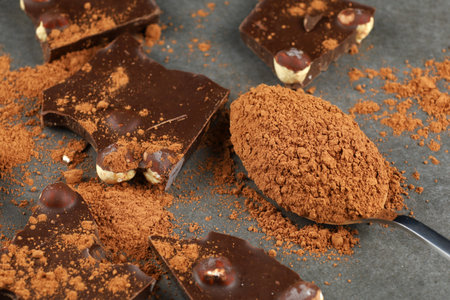 Chocolate with nuts and cocoa close-upの写真素材