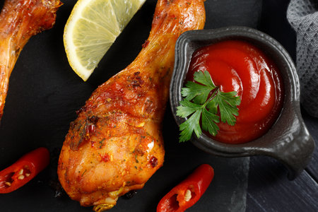 Fried chicken leg with sauce and lemon.の写真素材