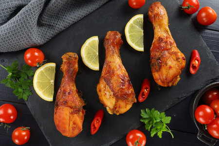 Fried chicken legs with tomatoes and lemon. Grilled spicy chicken legs on a black background.Top view.の写真素材