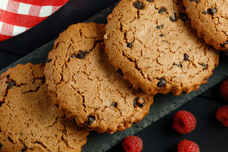 Oatmeal cookies with chocolate and berries. handmade cookies, oatmeal cookies with berriesの写真素材