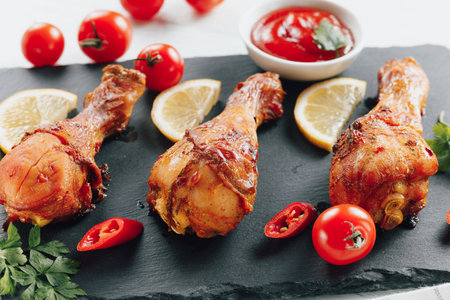 Fried chicken legs with tomatoes and lemon.の写真素材