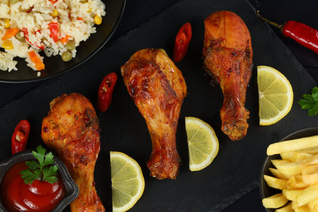 Fried chicken legs with rice and lemon. A tasty and hearty lunch. hearty food.の写真素材