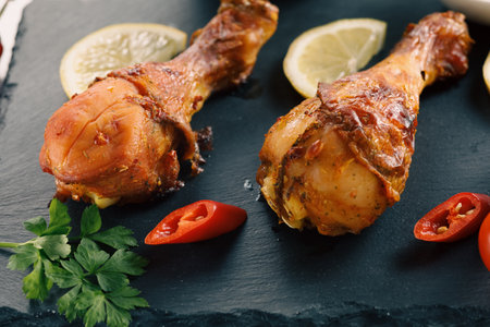Barbecue chicken on wooden tableの写真素材