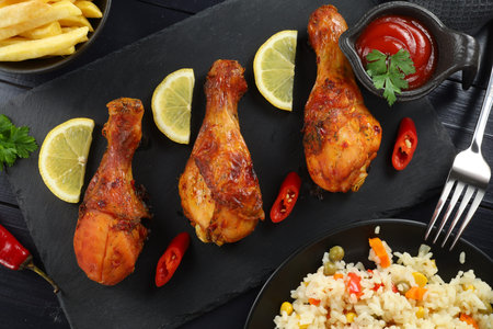Fried chicken legs with chili pepper and lemon.の写真素材
