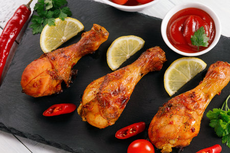 Fried chicken legs with tomatoes and lemon. roast chicken legs with tomatoesの写真素材