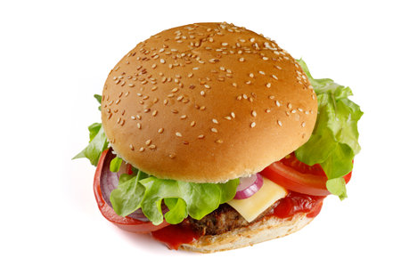 burger isolated top on white. cheeseburger with beef, cheese, tomato isolated on white backgroundの写真素材