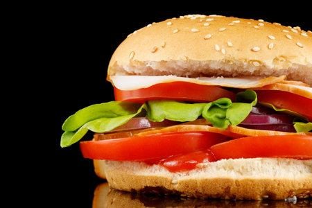 Tasty burger close-up place for text cope space. Burger with tomatoes, greens, onions and meat.の写真素材