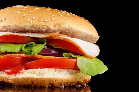 Tasty burger close-up place for text cope space. Burger with tomatoes, greens, onions and meat.の写真素材