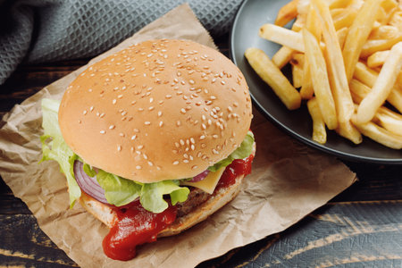 Nice burger homemade cheeseburger close-up.の写真素材