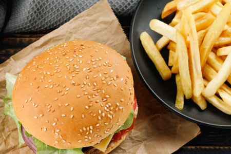 Burger with french fries. top viewの写真素材
