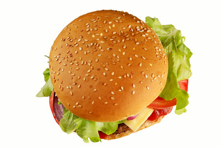 burger isolated top on white. Burger isolated on white background. burger top viewの写真素材