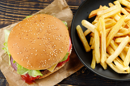 burger with french fries top view.の写真素材