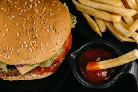 Burger with sauce and french fries. fresh tasty burgerの写真素材