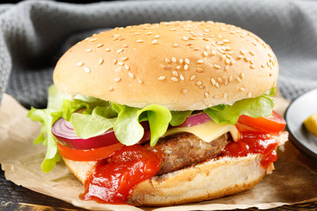 Nice burger homemade cheeseburger close-up. fresh tasty burgerの写真素材