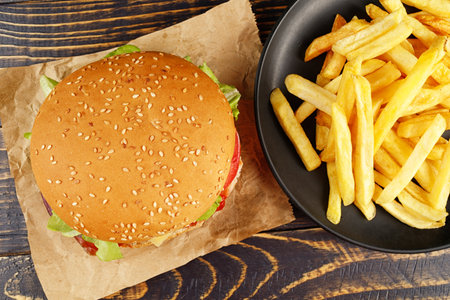 burger with french fries top view.の写真素材