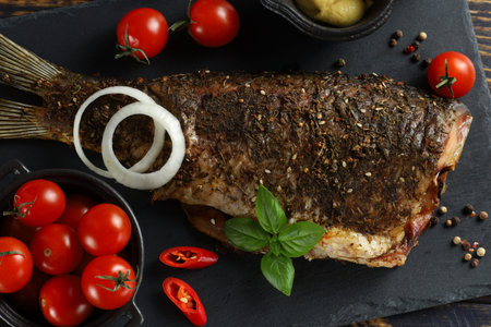 Fried carp fish with vegetables, tomatoes and lemon. Grilled carp with vegetablesの写真素材