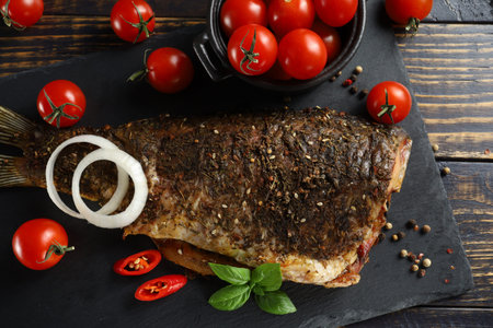 Fried fish dish. Diet with fish. Tasty and appetizing fish with vegetablesの写真素材