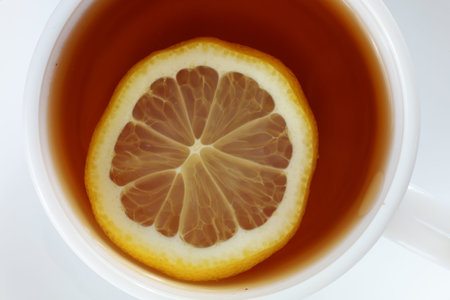 Tea with lemon in a white cup close-up. A slice of lemon in a cup of teaの写真素材