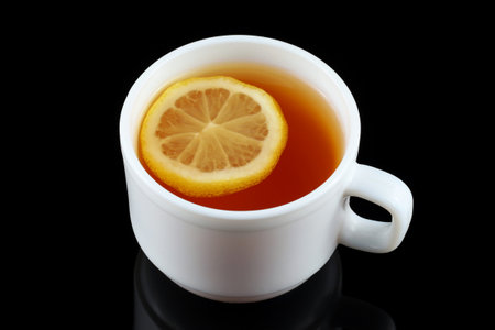 Tea with lemon in a white cup. tea on a black backgroundの写真素材