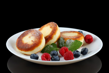 Cottage cheese fritters with raspberry berries. traditional breakfast. Tasty and healthy food.の写真素材