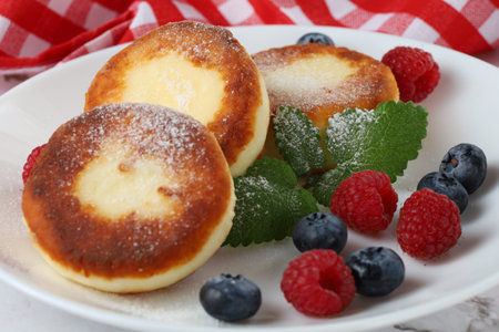 curd fritter with berries in a plate. cottage cheese fritters.の写真素材