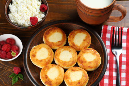 curd fritters with milk and homemade cheese. Tasty foodの写真素材