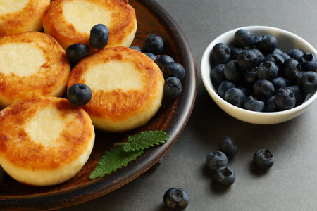 curd fritters with blueberry. Tasty and healthy homemade food.の写真素材