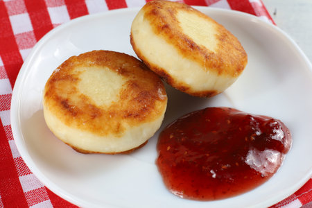 curd fritters with raspberry jam. traditional food. beautiful photo of food.の写真素材