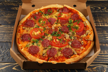 pizza box open. Pizza in the delivery boxの写真素材