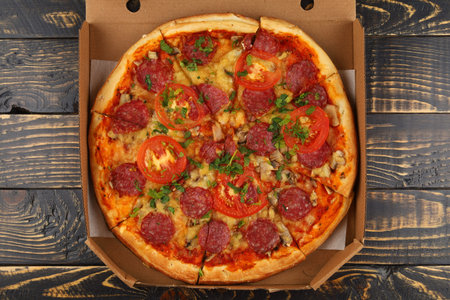 pizza box open. Pizza in the delivery boxの写真素材