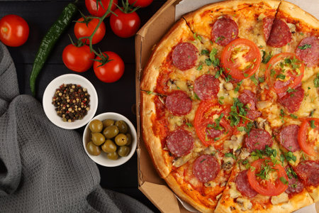 Pizza in a box on the table. Hot pizza with vegetables. Pizza in a restaurant.の写真素材