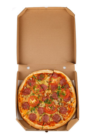 pizza box open. Pizza in the delivery boxの写真素材